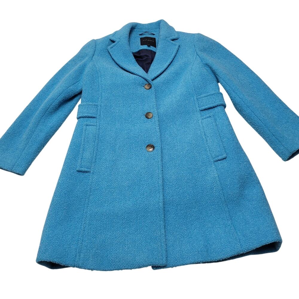 Talbots wool boucle long A-line turquoise blue coat mid length preppy 10